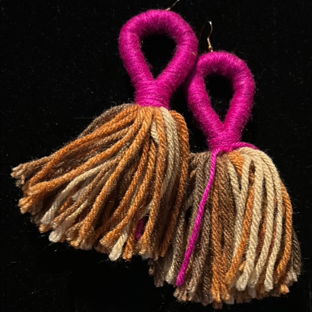 Vibrant Pink and Brown Tassel Earrings